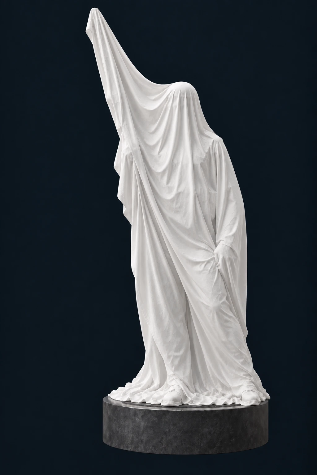 Concept of Earl Plumlee's statue beneath a white unveiling sheet, with the raised sculpted rifle on the viewer's left and an asymmetric stance based on his reference photograph.